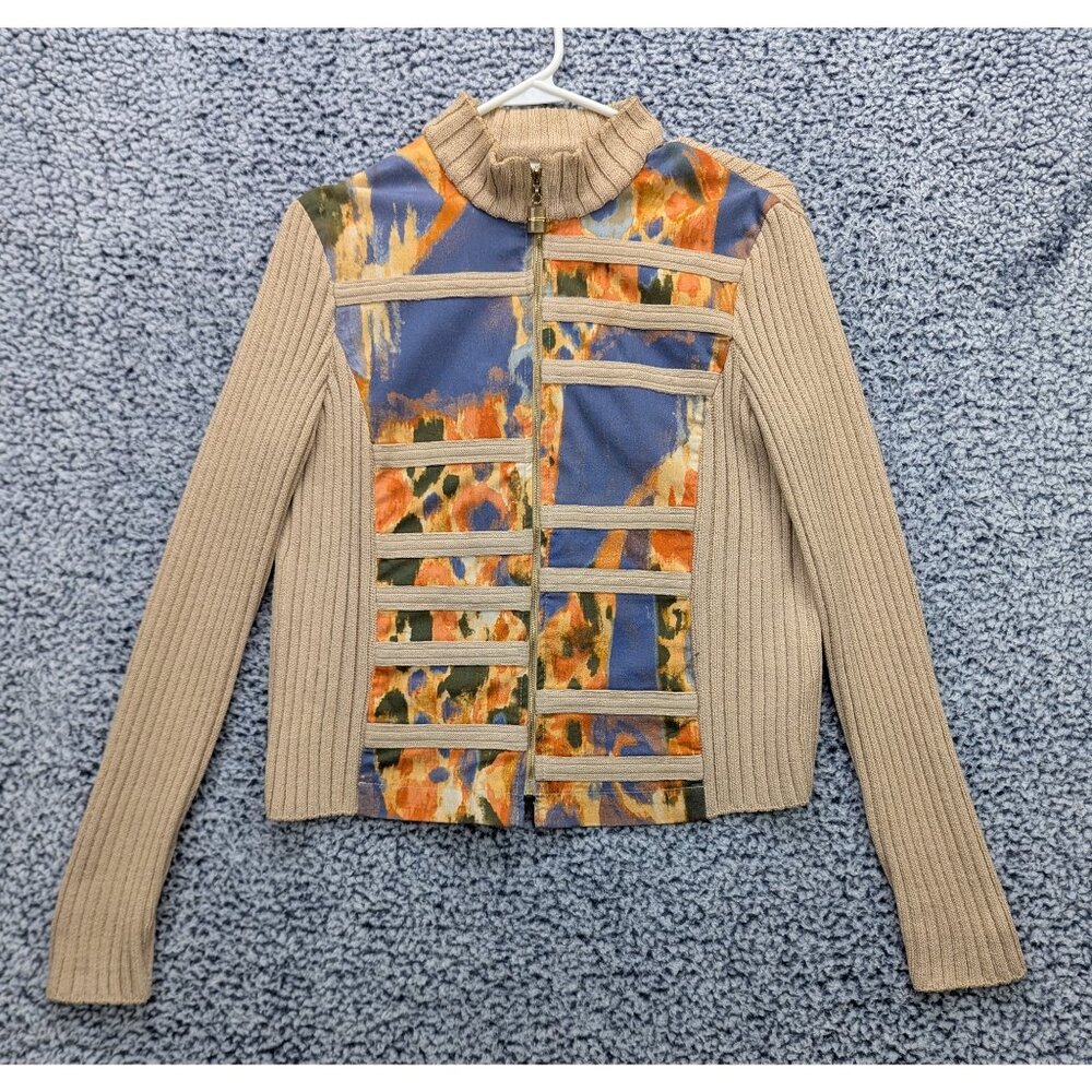 VTG St John Sport Wool Blend Cardigan Size S Full Zip Ribbed Artsy 90s Y2K Cream